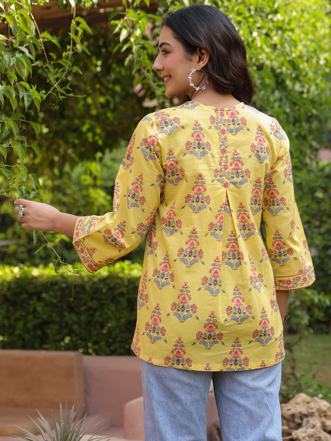 Yellow Handblock Printed & Embroidered A-Line Top
