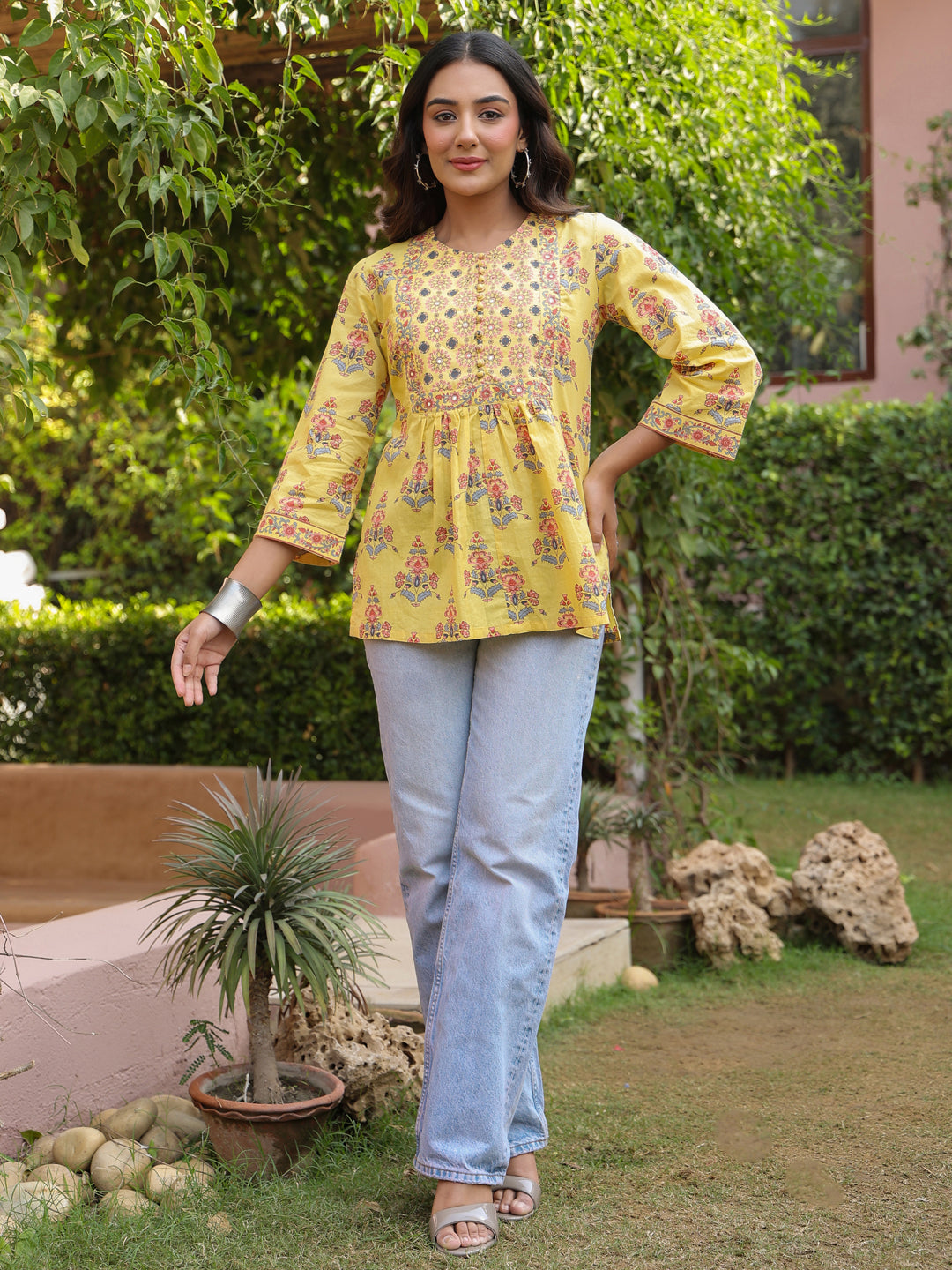 Yellow Handblock Printed & Embroidered A-Line Top