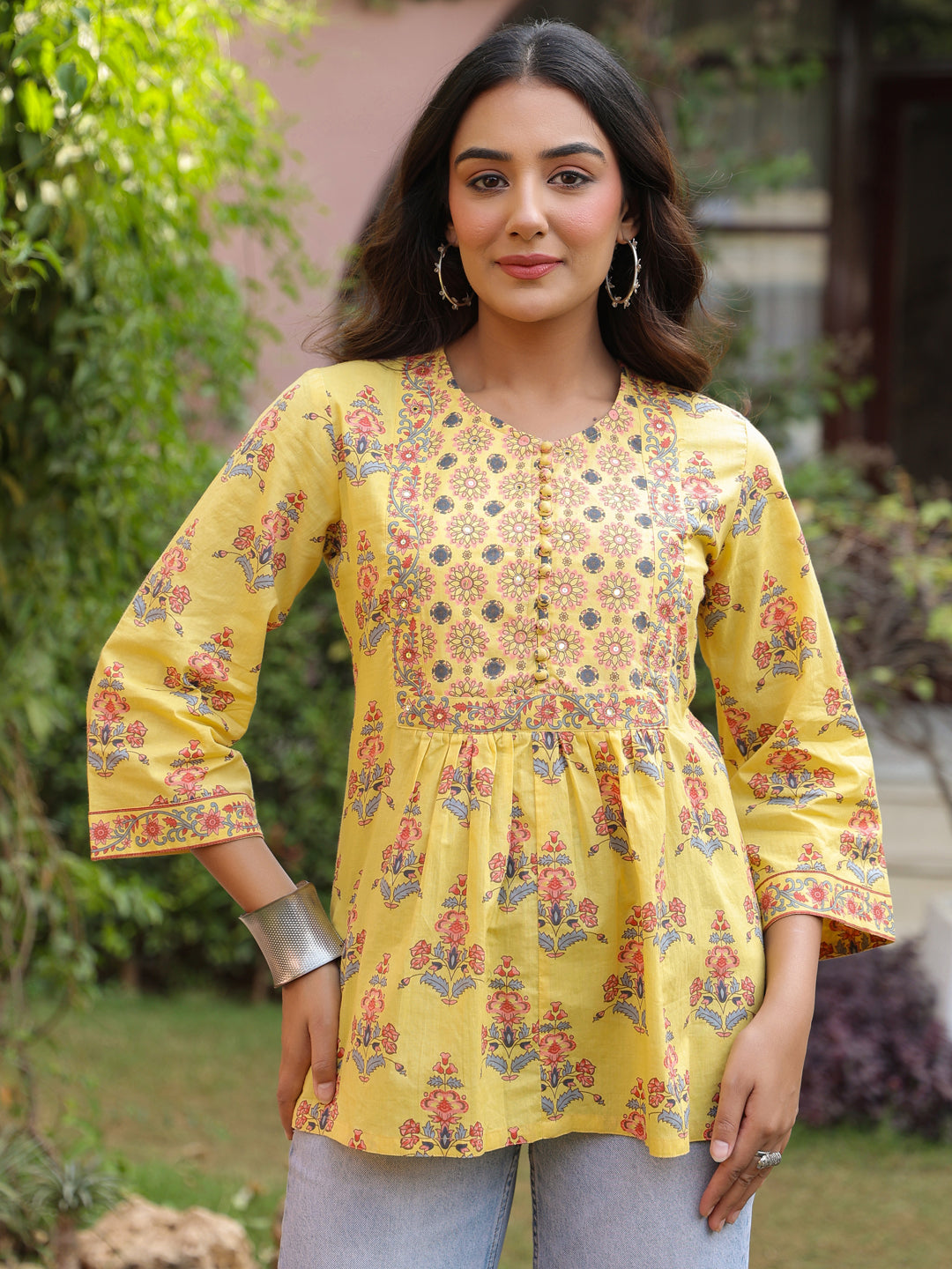 Yellow Handblock Printed & Embroidered A-Line Top