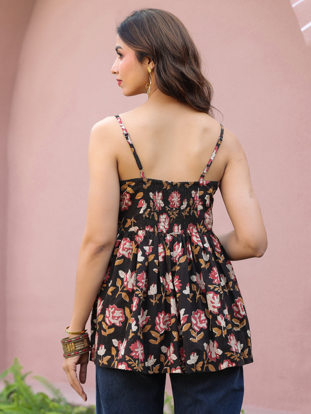 Black Floral Handblock Printed Sleeveless Smocked Fit & Flare Top