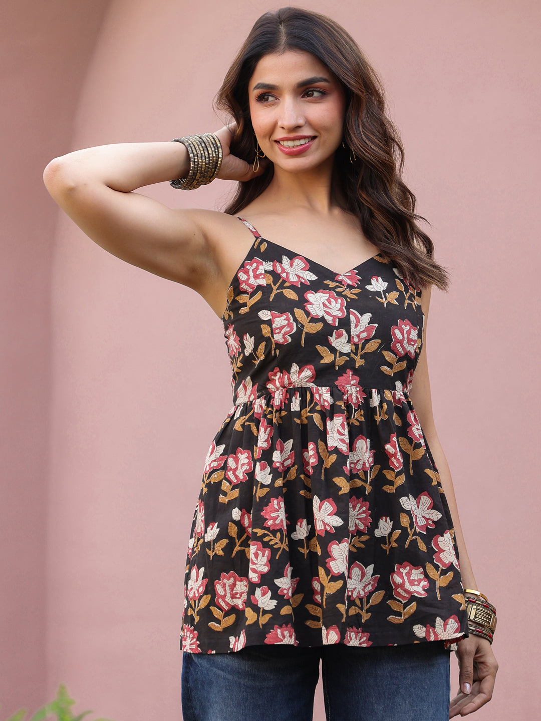 Black Floral Handblock Printed Sleeveless Smocked Fit & Flare Top