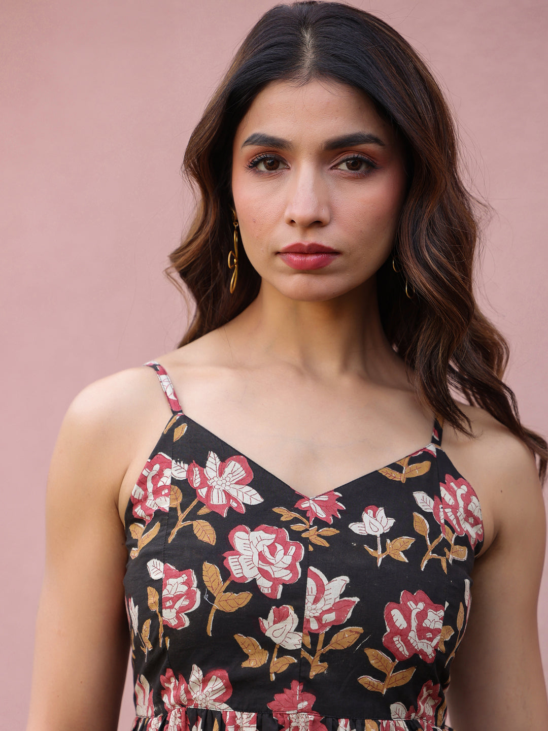 Black Floral Handblock Printed Sleeveless Smocked Fit & Flare Top