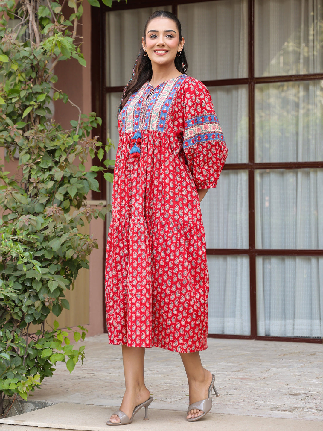 Red Handblock Boho Puff-Sleeve Midi Dress