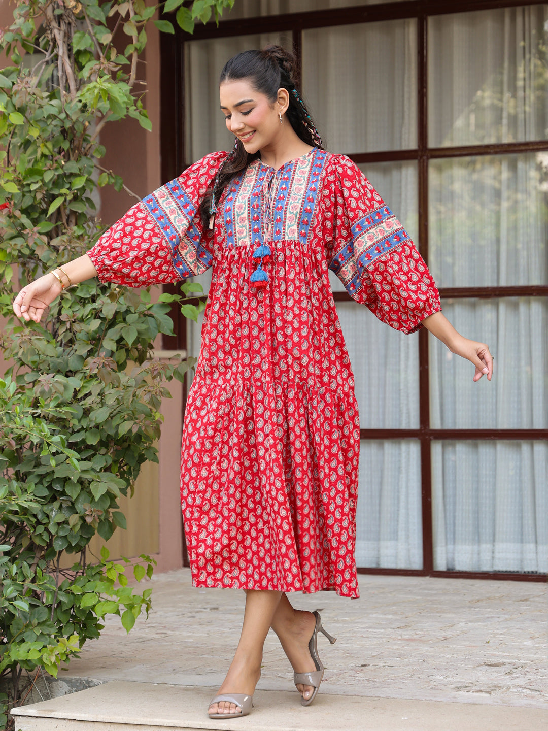 Red Handblock Boho Puff-Sleeve Midi Dress