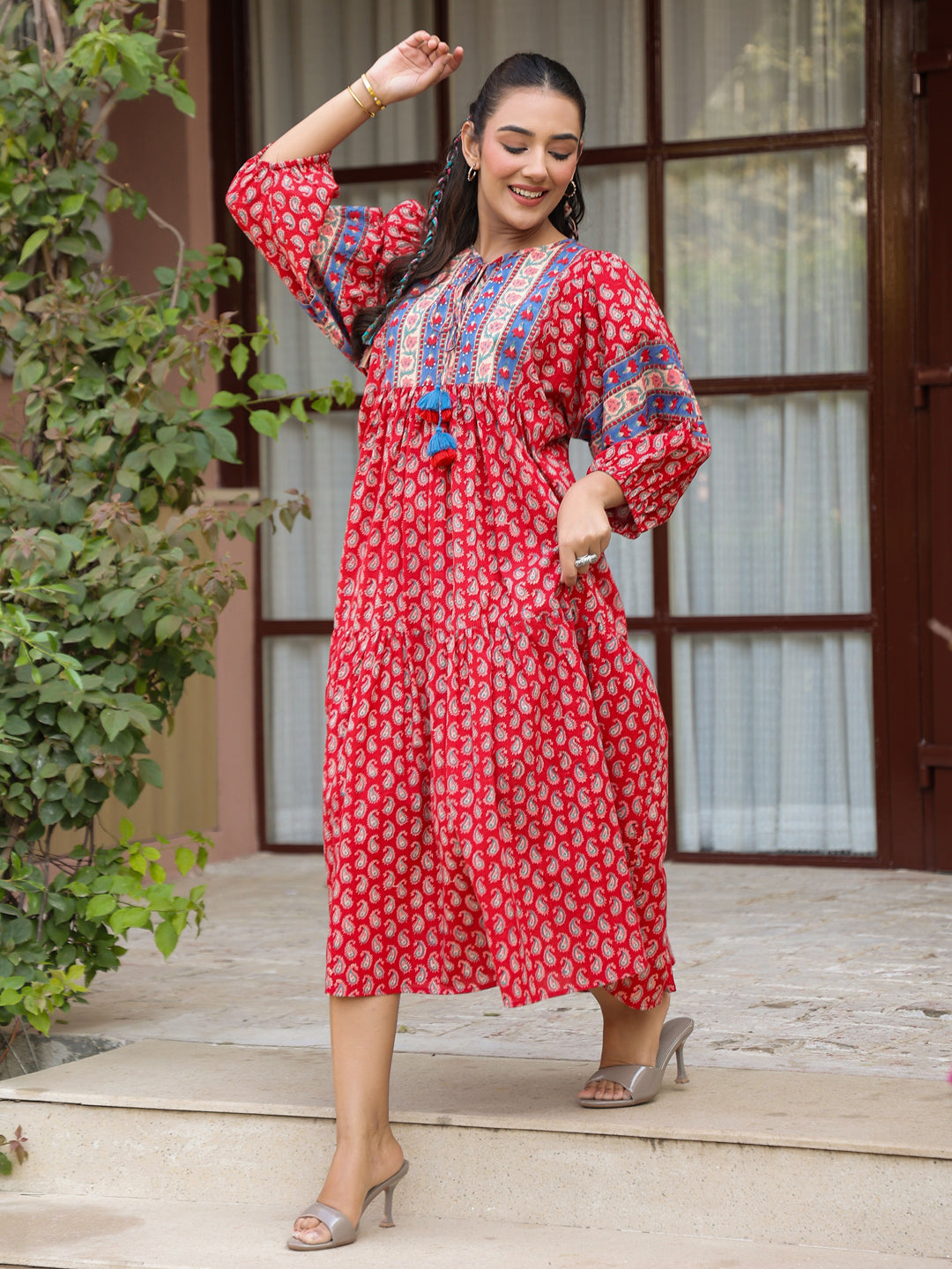 Red Handblock Boho Puff-Sleeve Midi Dress