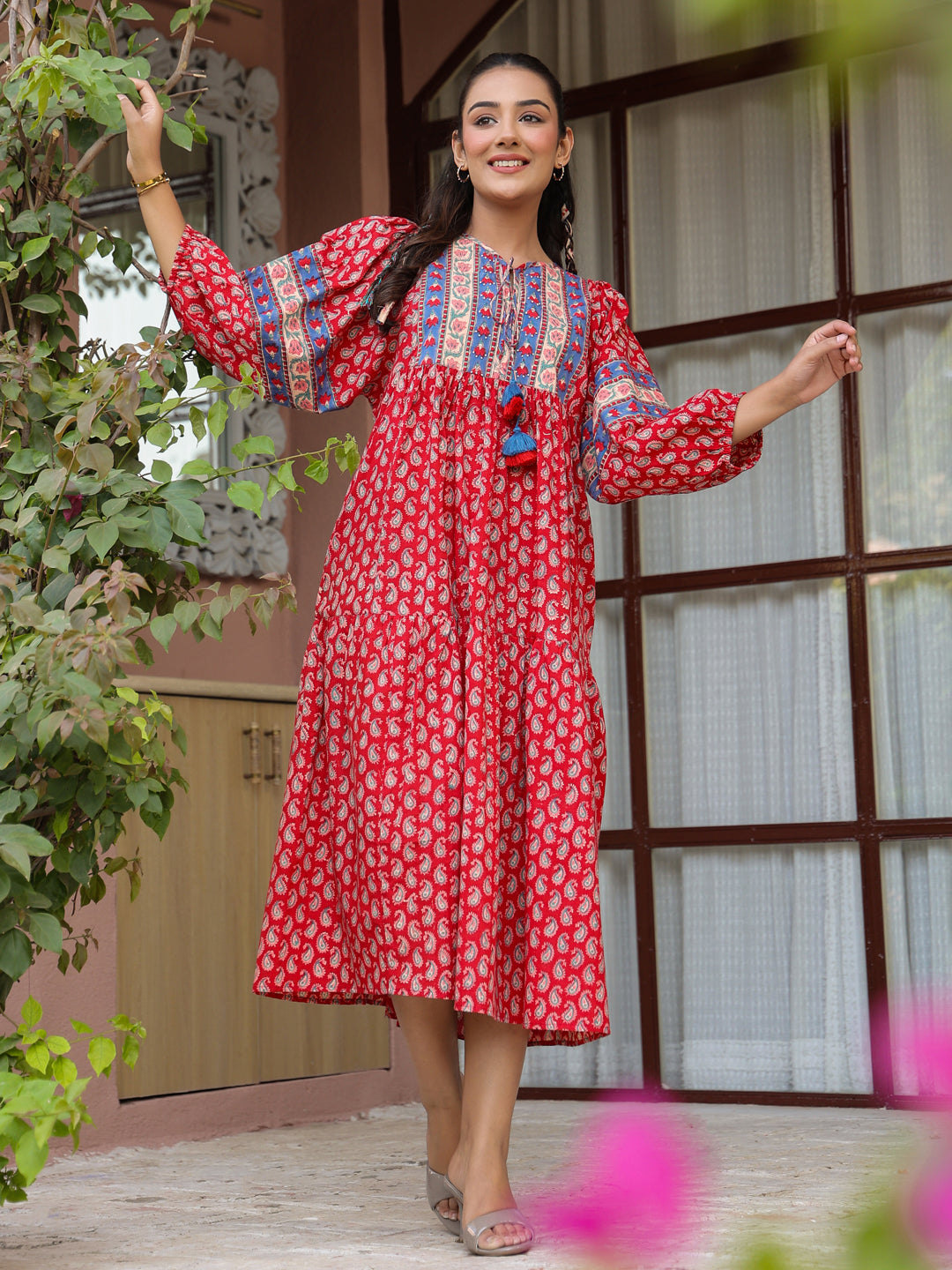 Red Handblock Boho Puff-Sleeve Midi Dress