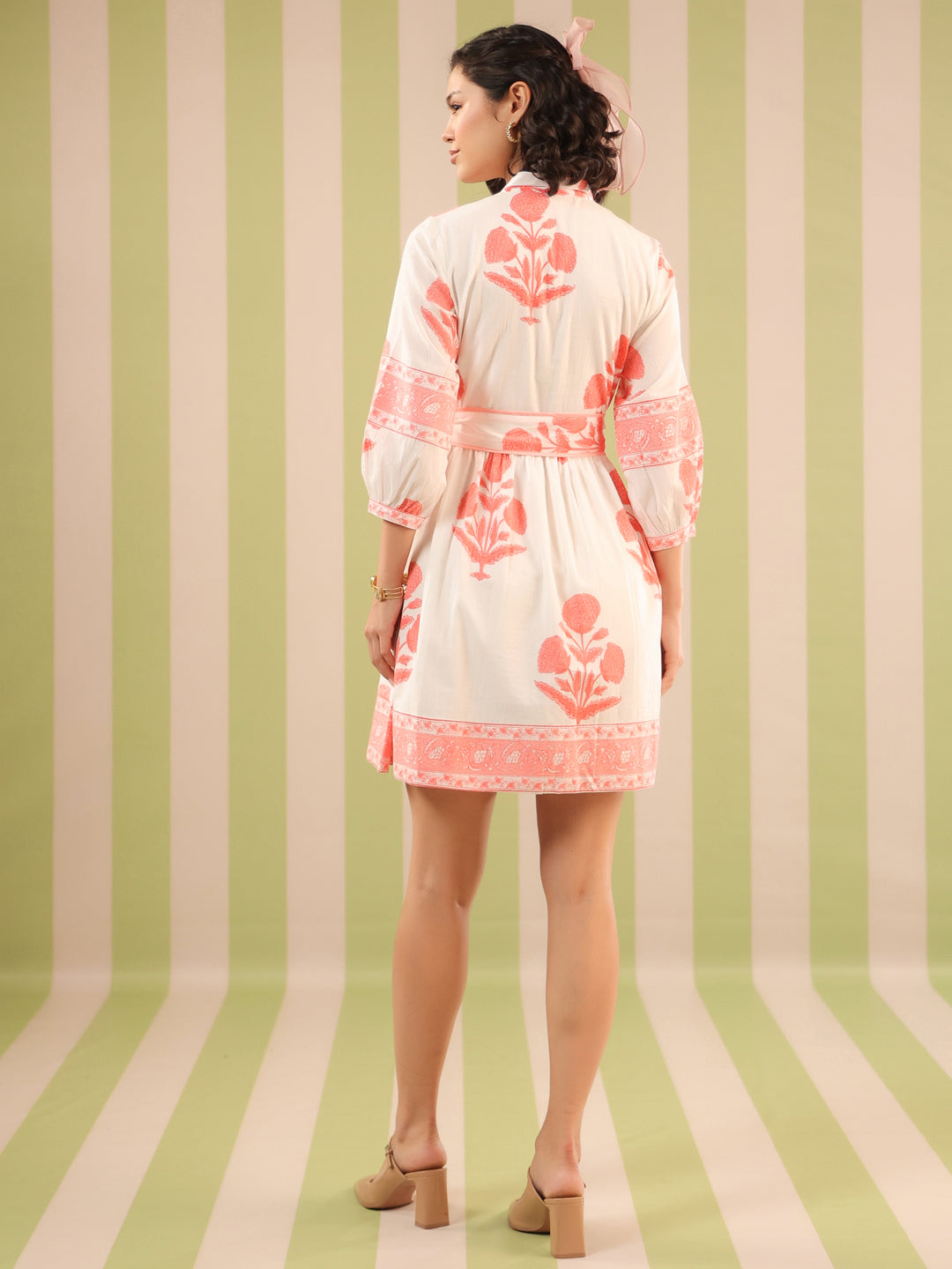 White & Pink Pastel Mughal Motif Tiered Cotton Dress with Lining