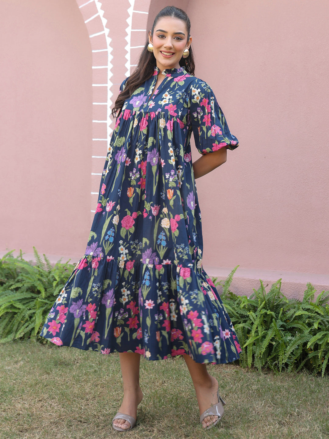 Navy Floral Printed Tiered Dress with Mandarin Collar
