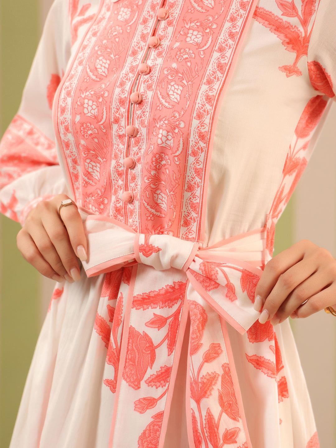White & Pink Pastel Mughal Motif Tiered Cotton Dress with Lining