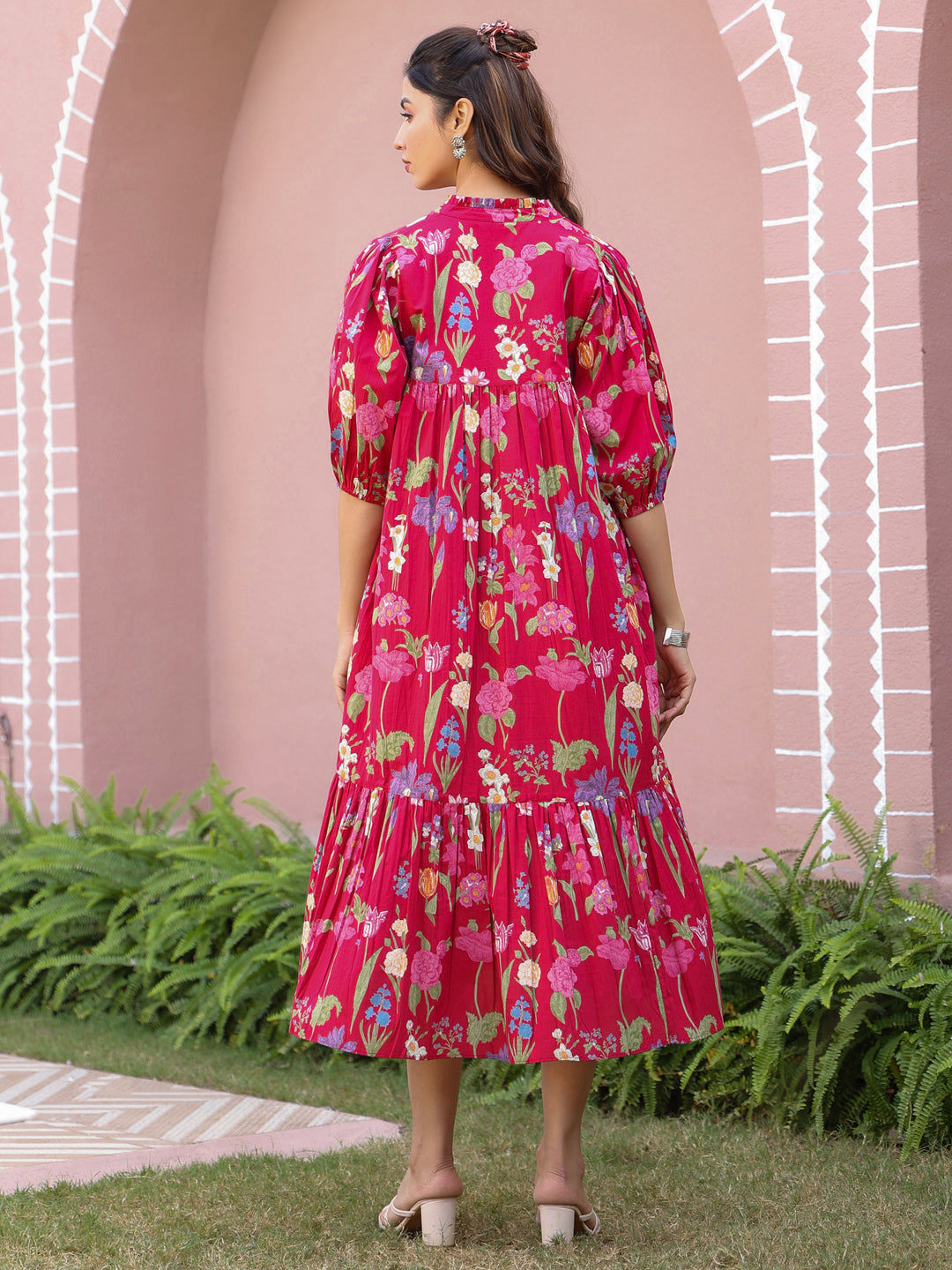 Red Floral Printed Tiered Dress with Mandarin Collar