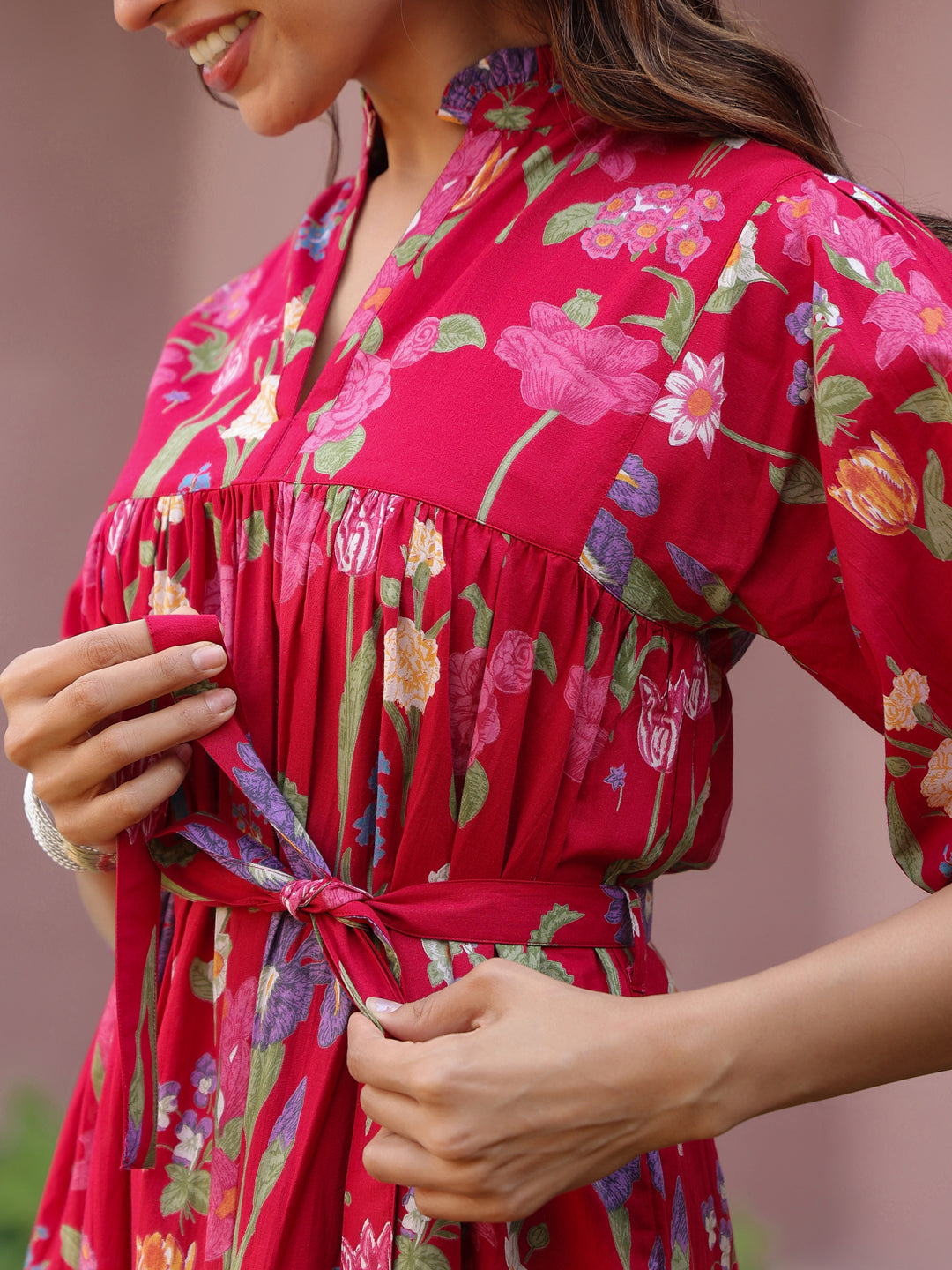 Red Floral Printed Tiered Dress with Mandarin Collar