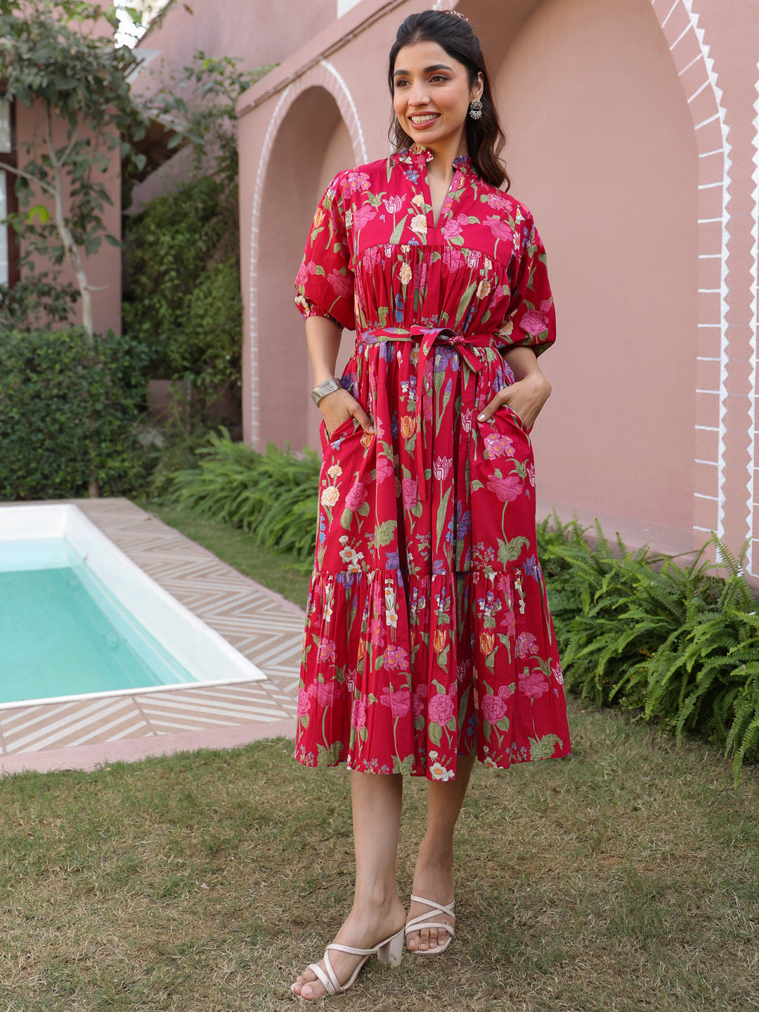 Red Floral Printed Tiered Dress with Mandarin Collar