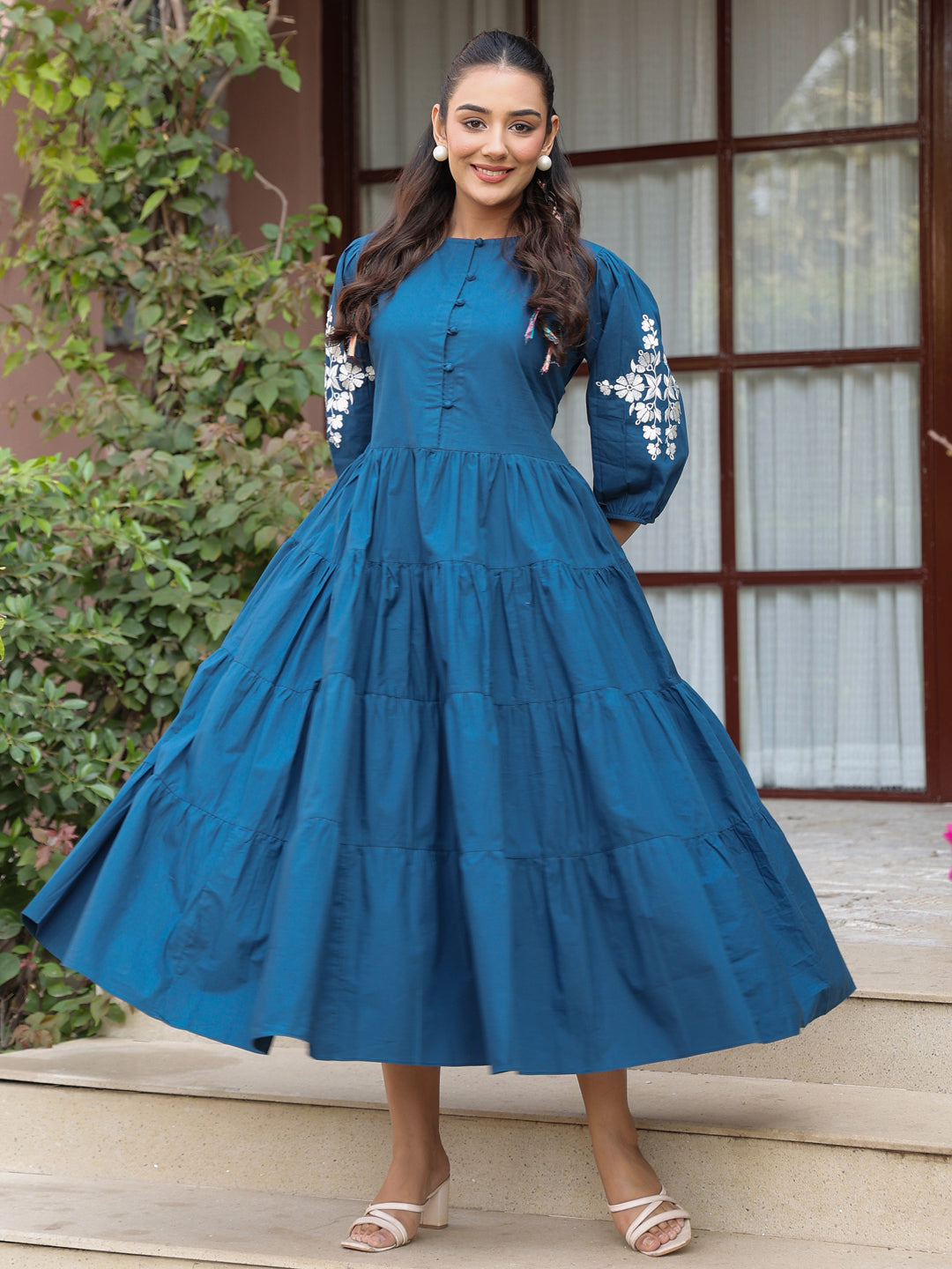 Navy Solid Embroidered Tiered Maxi Dress
