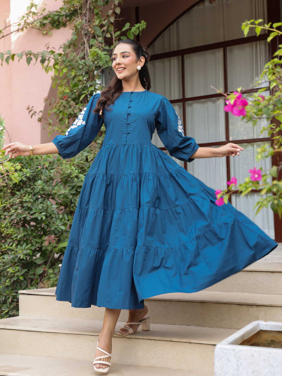 Navy Solid Embroidered Tiered Maxi Dress