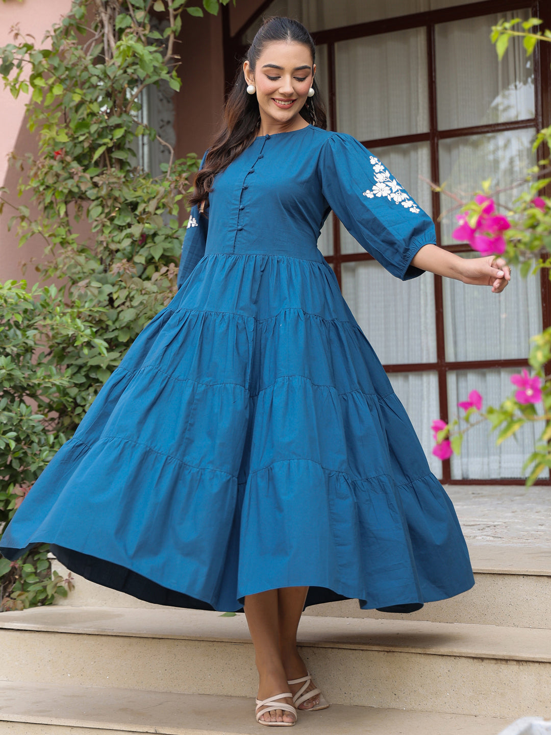 Navy Solid Embroidered Tiered Maxi Dress