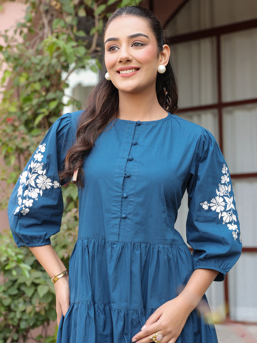 Navy Solid Embroidered Tiered Maxi Dress