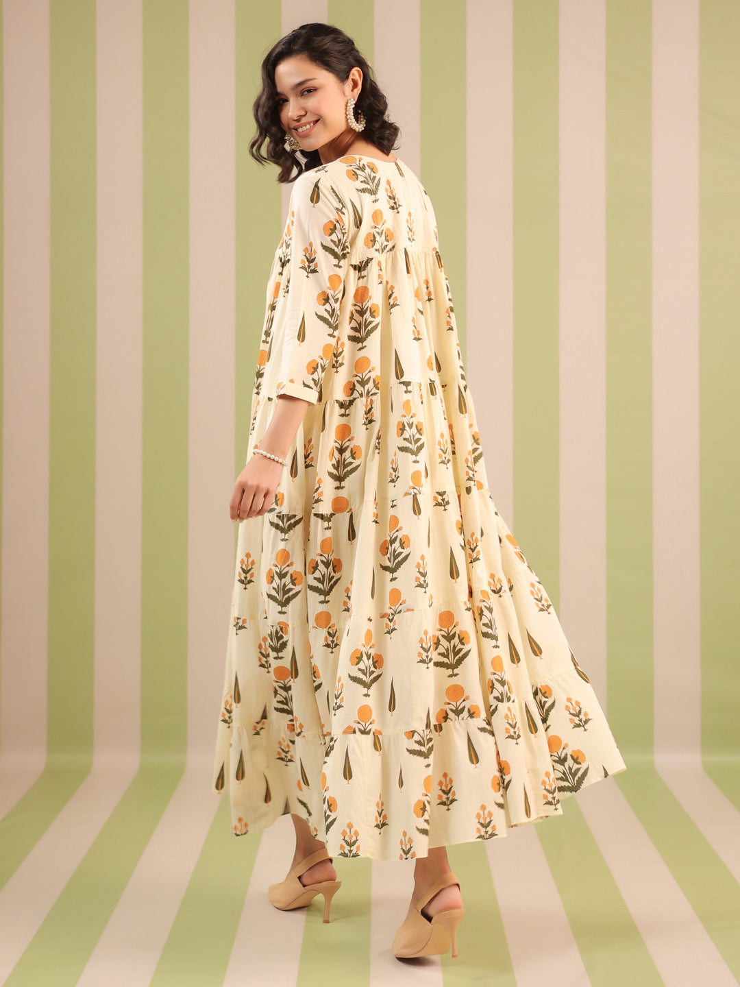 White & Mustard Printed Flared Dress with Lining