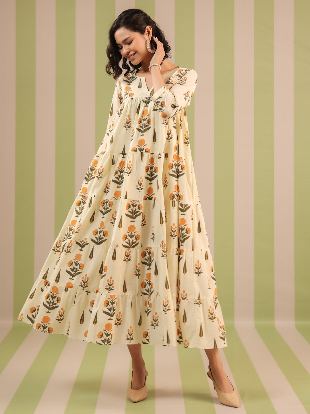 White & Mustard Printed Flared Dress with Lining