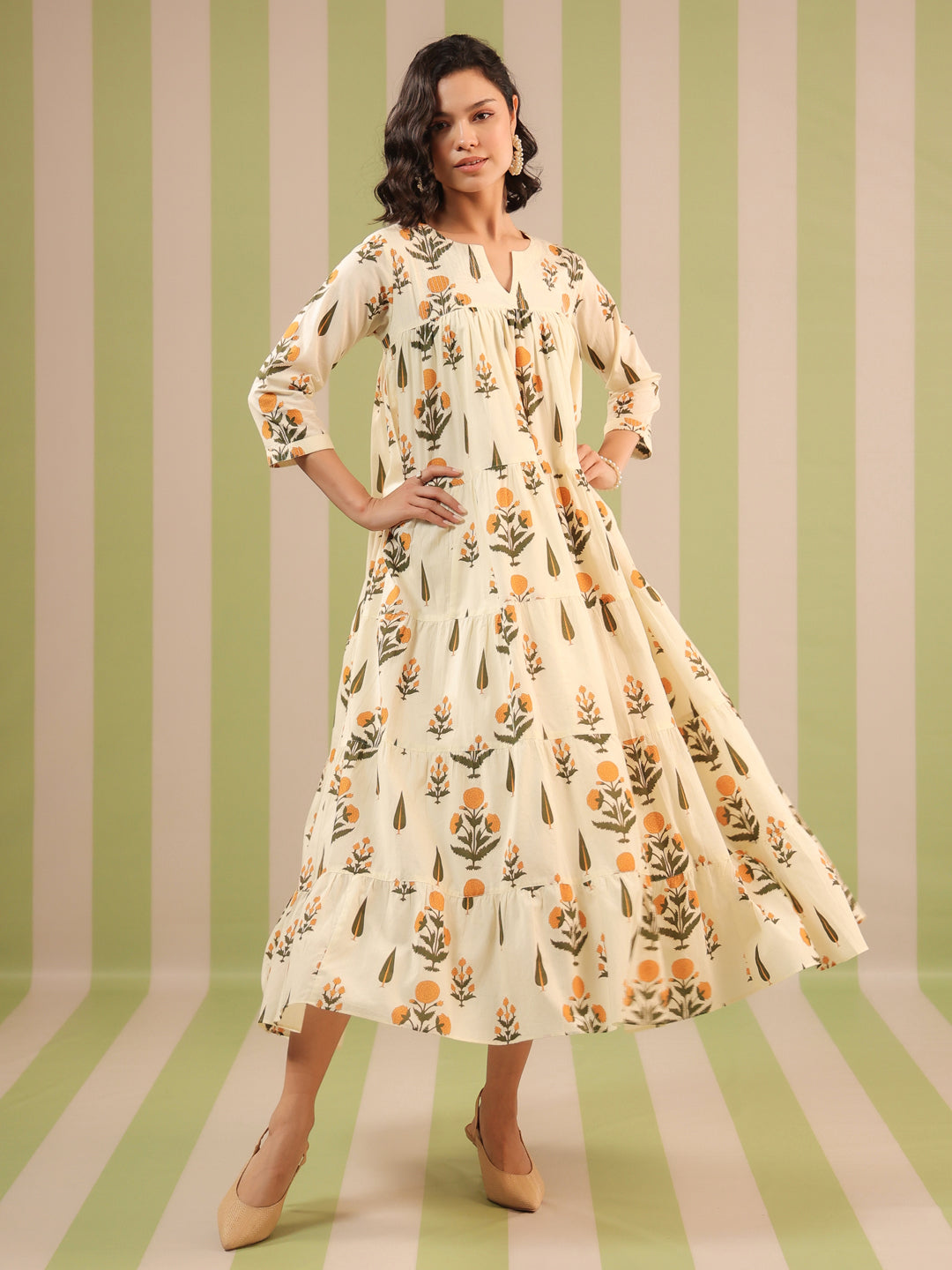 White & Mustard Printed Flared Dress with Lining
