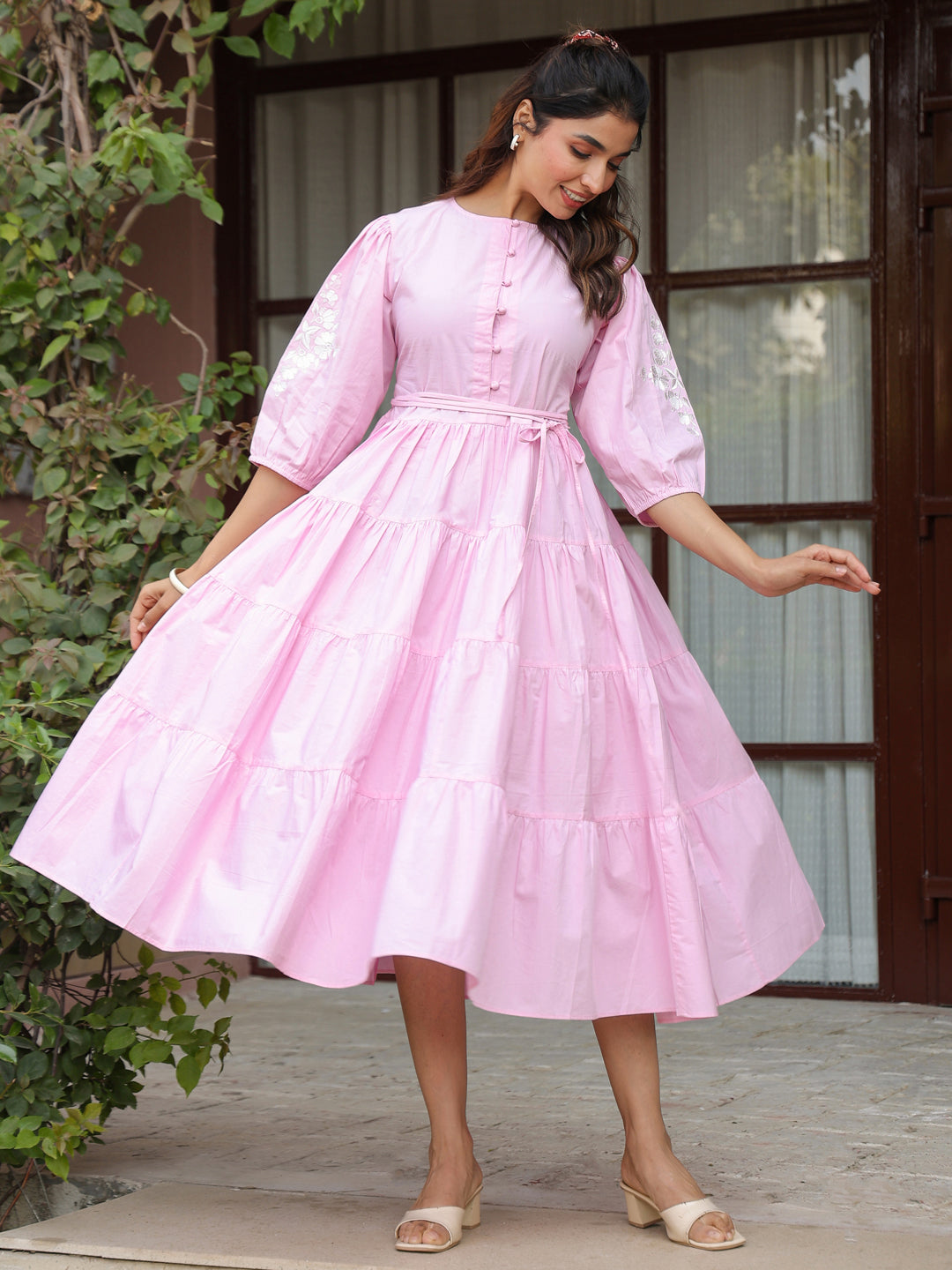 Pink Solid Embroidered Tiered Maxi Dress