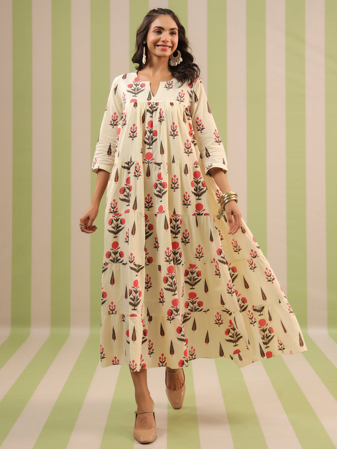 White & Pink Printed Flared Dress with Lining