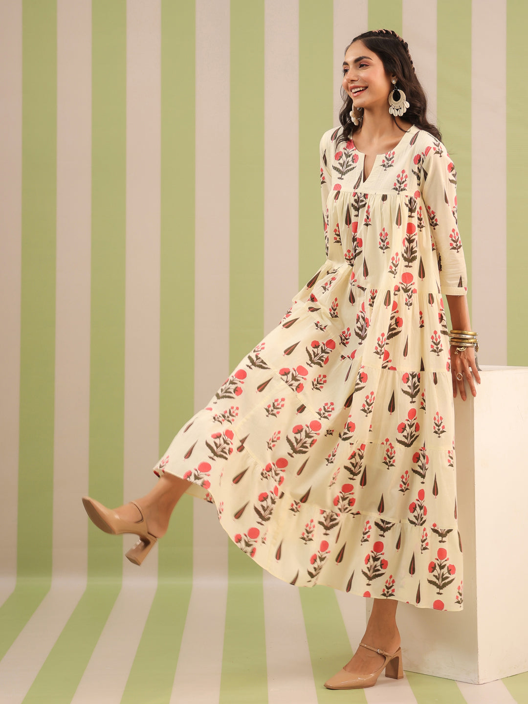 White & Pink Printed Flared Dress with Lining
