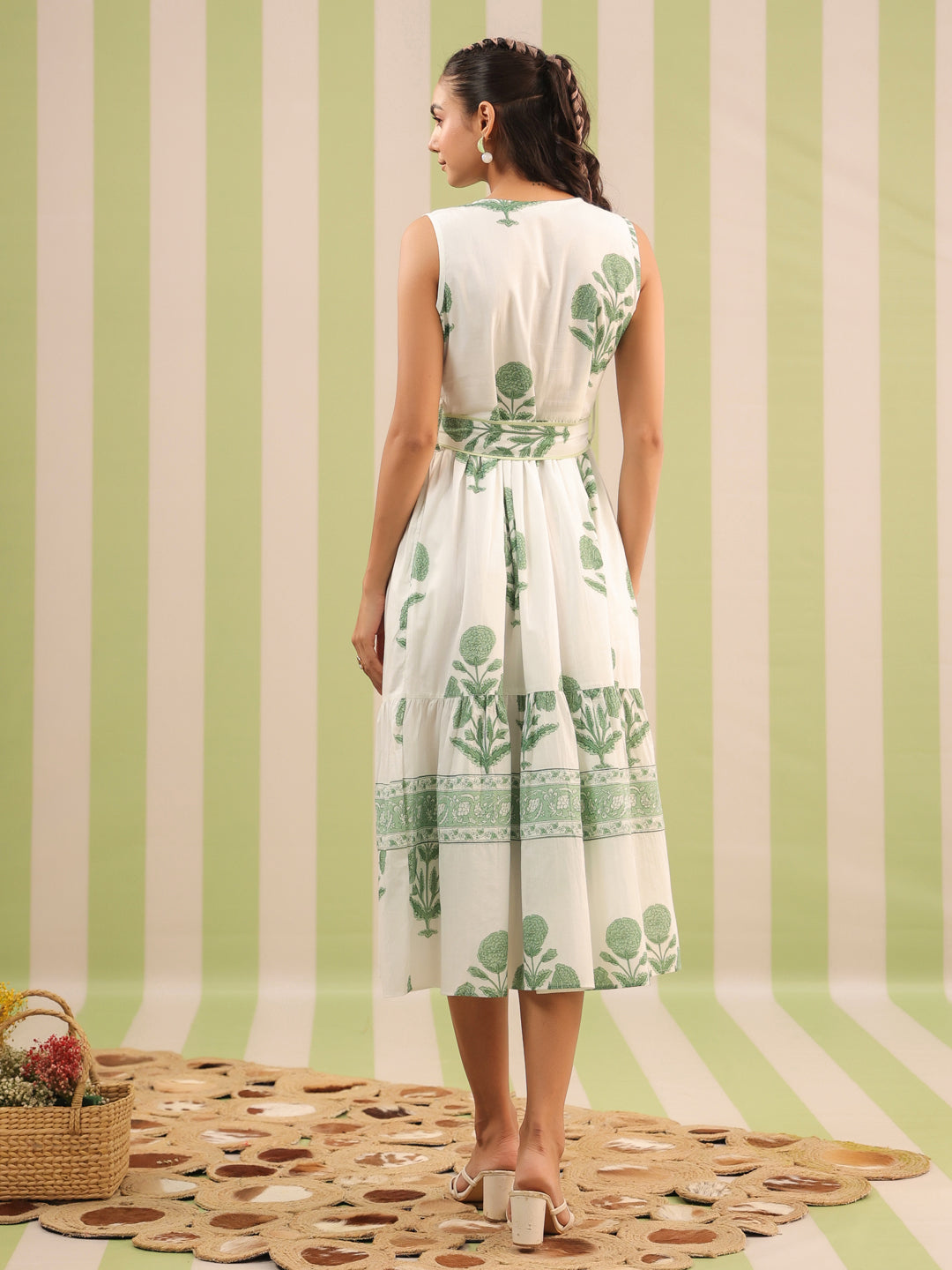 White & Green Sleeveless Maxi Dress with Belt and Pockets