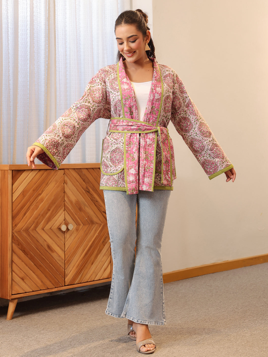 Cherry Blossom Quilted Jacket with Pockets