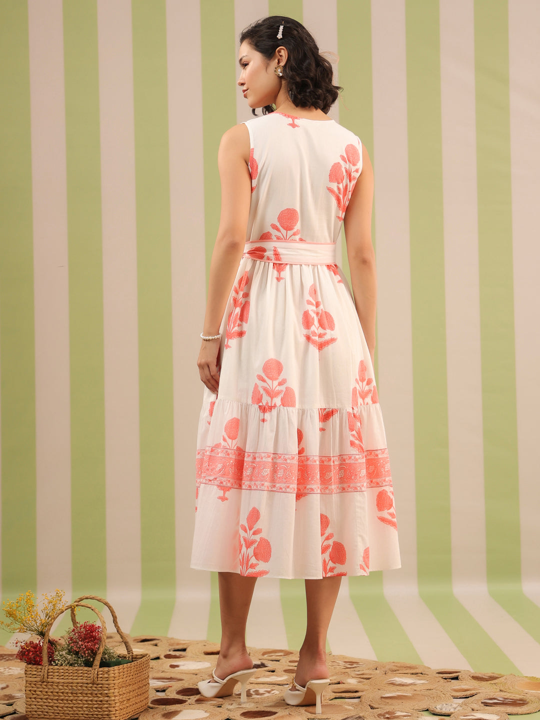 White & Pink Sleeveless Maxi Dress with Belt and Pockets