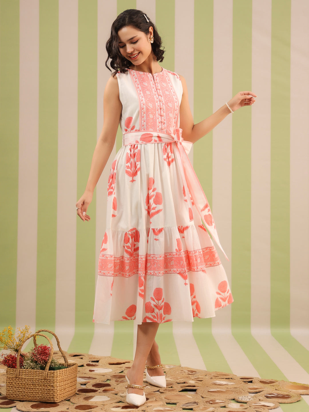 White & Pink Sleeveless Maxi Dress with Belt and Pockets