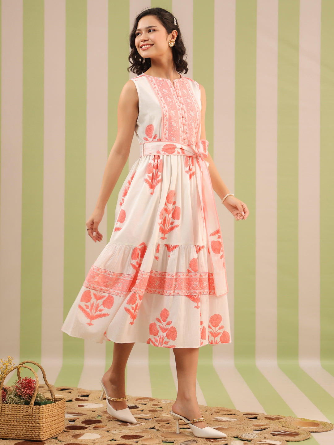White & Pink Sleeveless Maxi Dress with Belt and Pockets