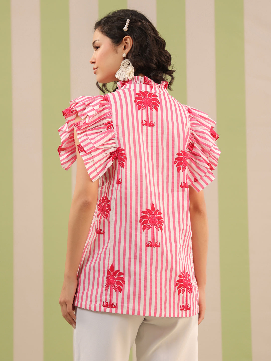 Pink Palm Printed Pintucks Cotton Top