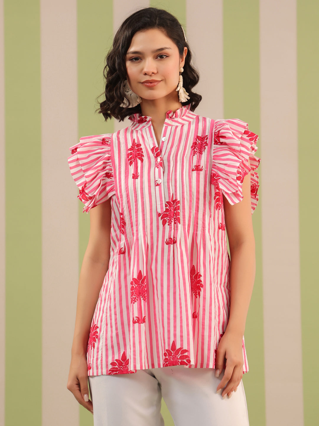 Pink Palm Printed Pintucks Cotton Top