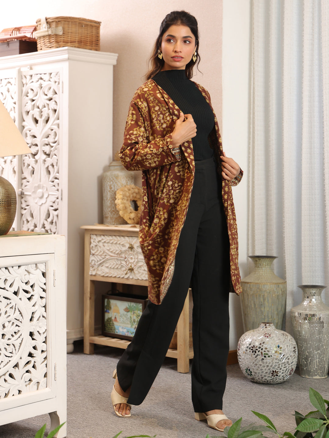 Chestnut Handblock Printed Coat with Pockets