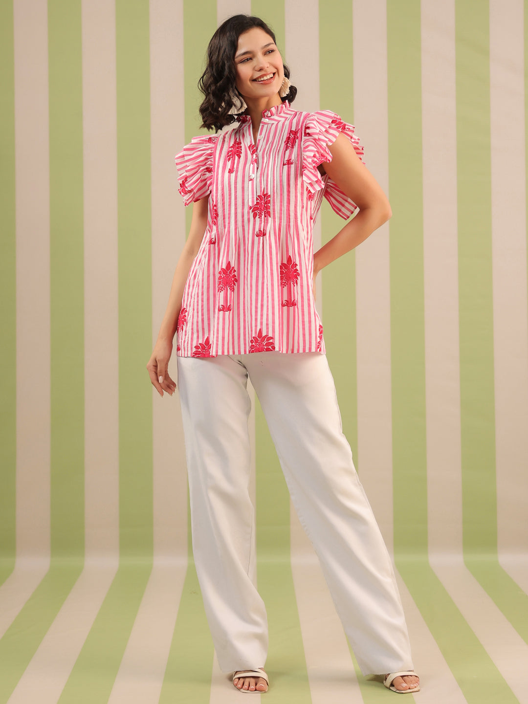 Pink Palm Printed Pintucks Cotton Top