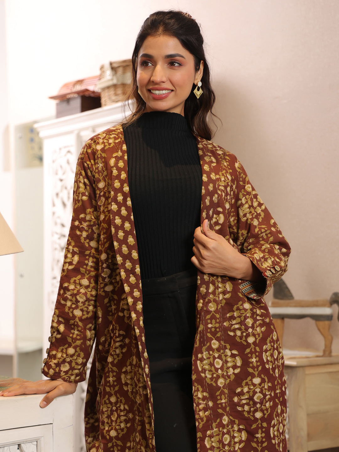 Chestnut Handblock Printed Coat with Pockets