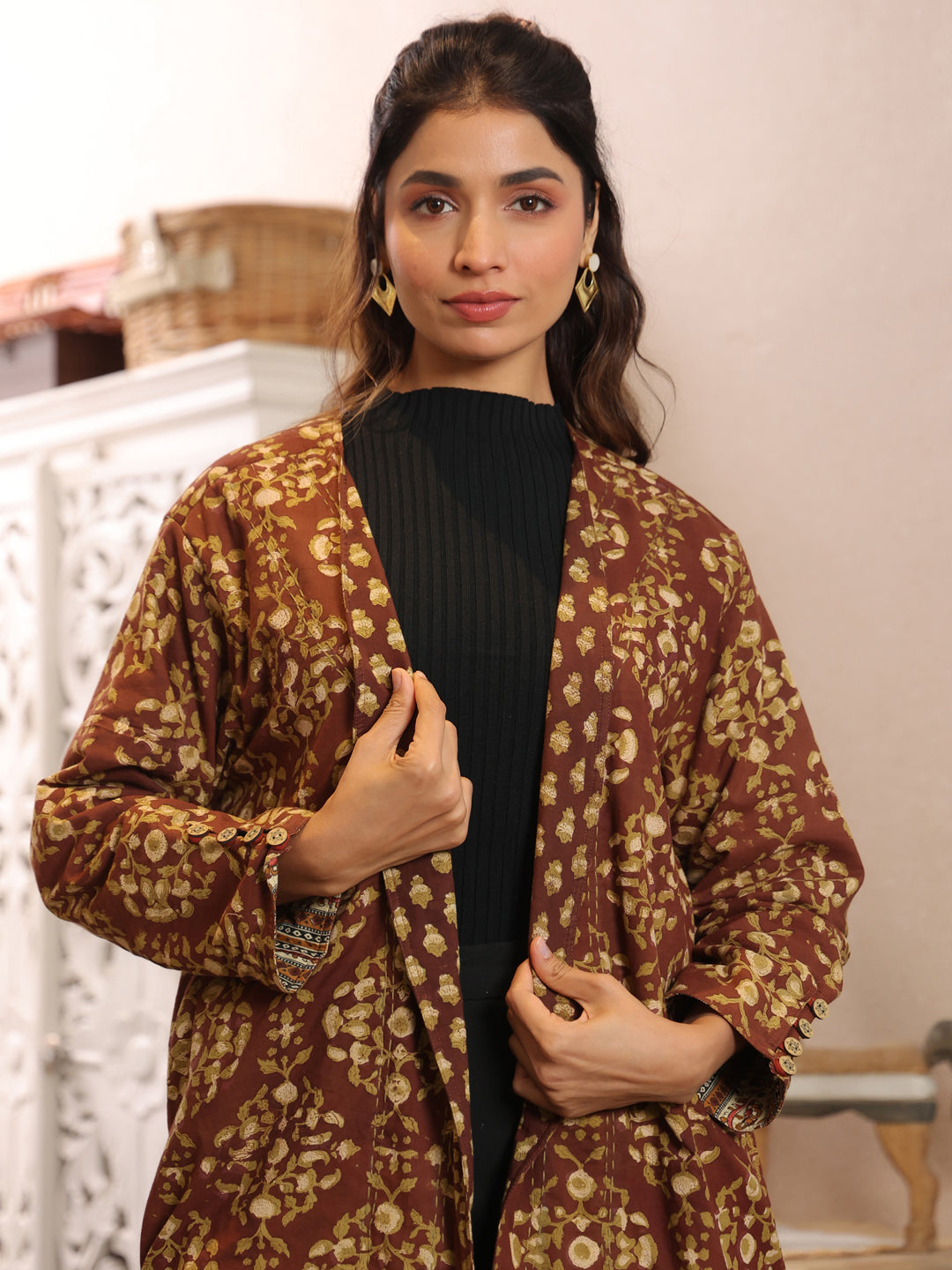 Chestnut Handblock Printed Coat with Pockets