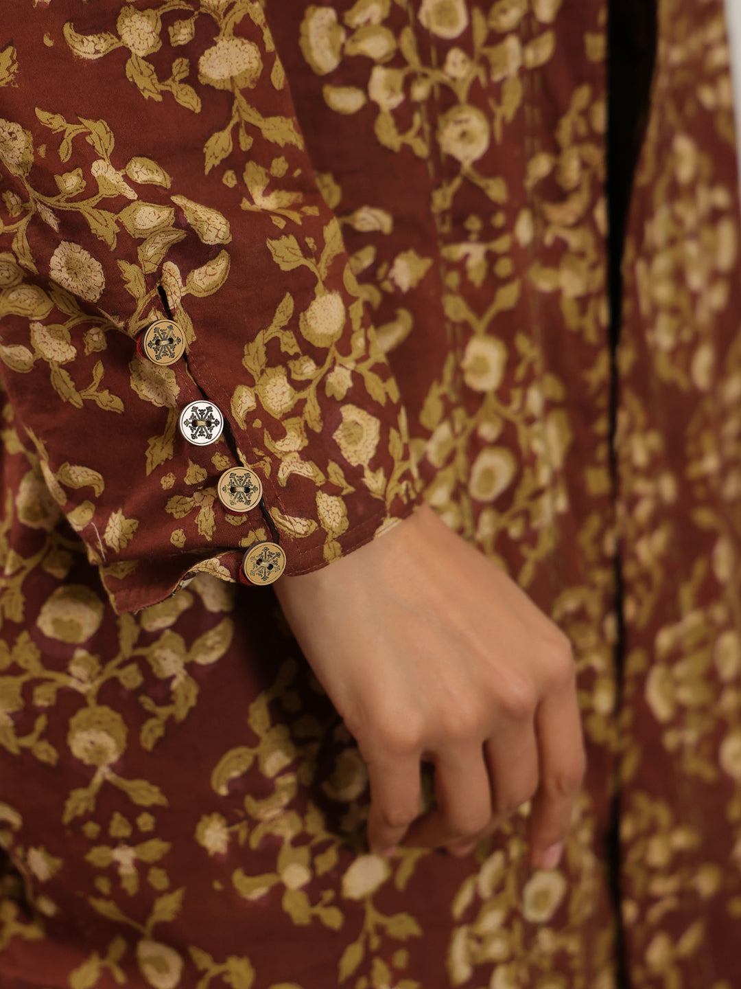 Chestnut Handblock Printed Coat with Pockets