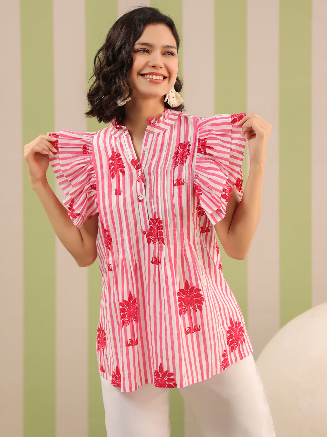 Pink Palm Printed Pintucks Cotton Top