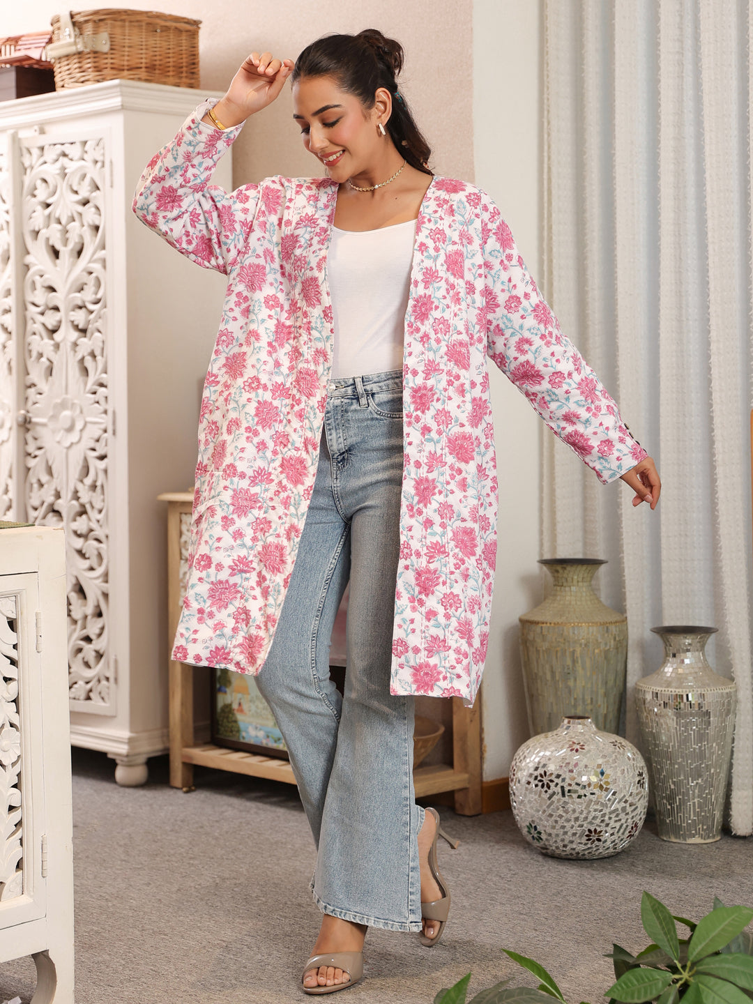 Pink Petal Handblock Printed Coat with Pockets