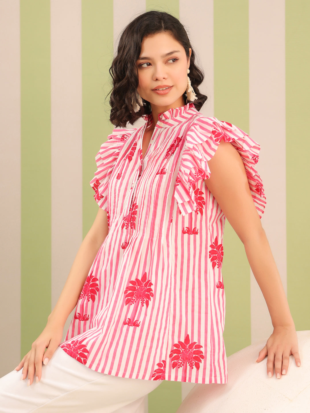 Pink Palm Printed Pintucks Cotton Top