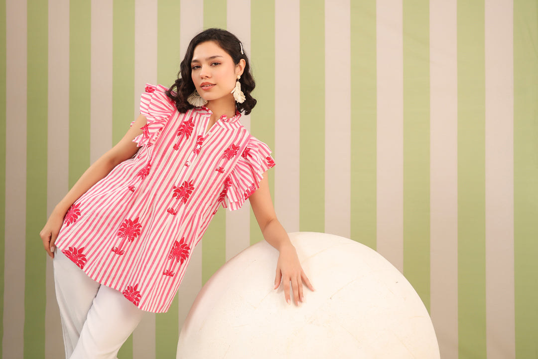 Ruffle Sleeve Top | Pink Palms