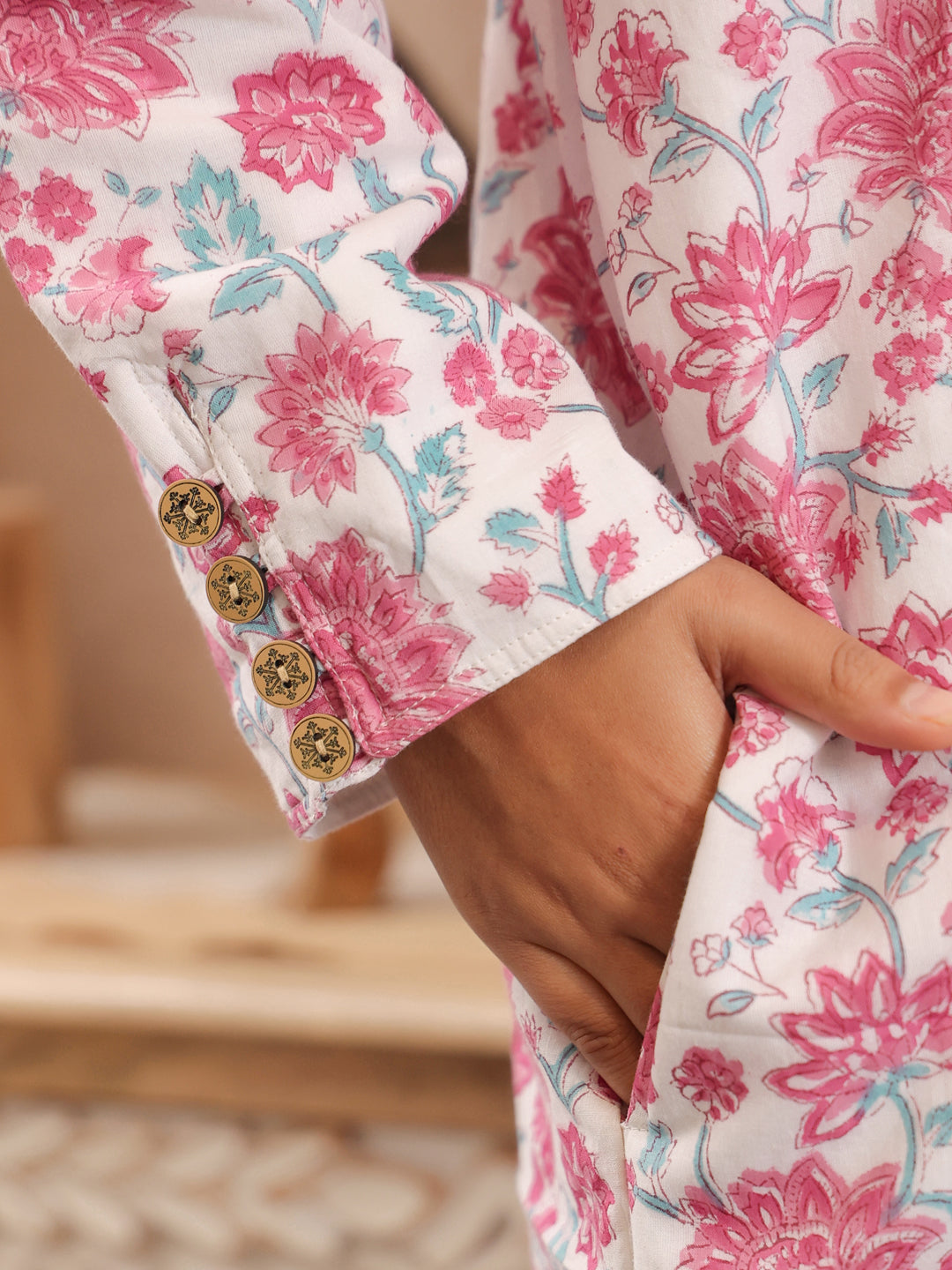 Pink Petal Handblock Printed Coat with Pockets