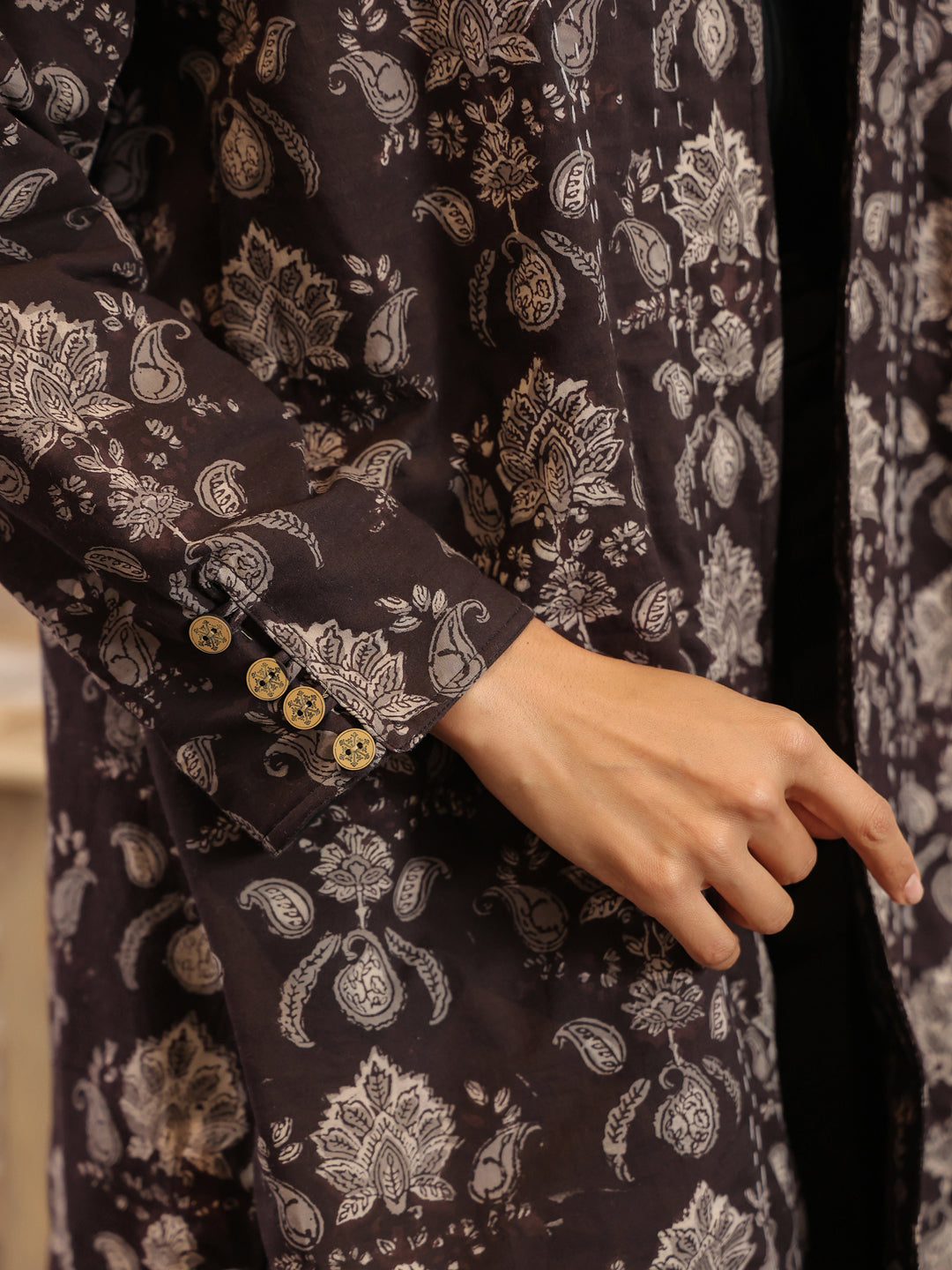 Midnight Meadow Handblock Printed Coat with Pockets