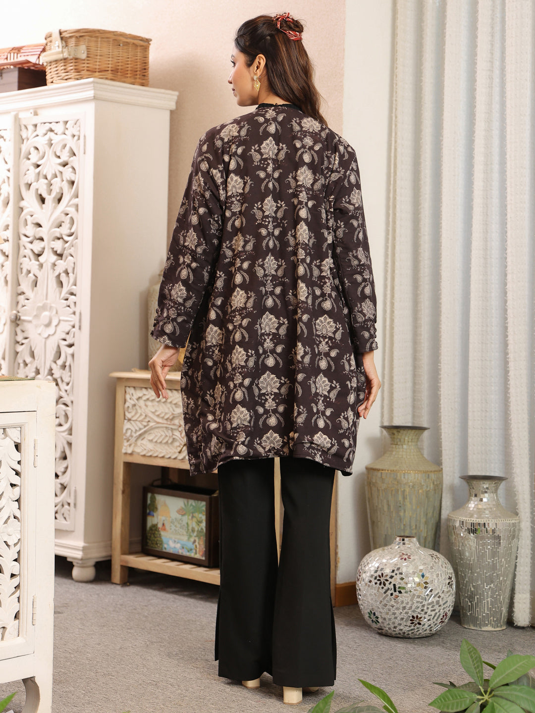 Midnight Meadow Handblock Printed Coat with Pockets