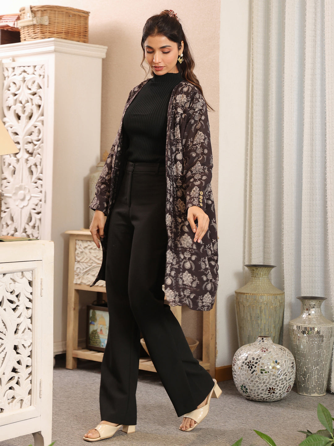 Midnight Meadow Handblock Printed Coat with Pockets