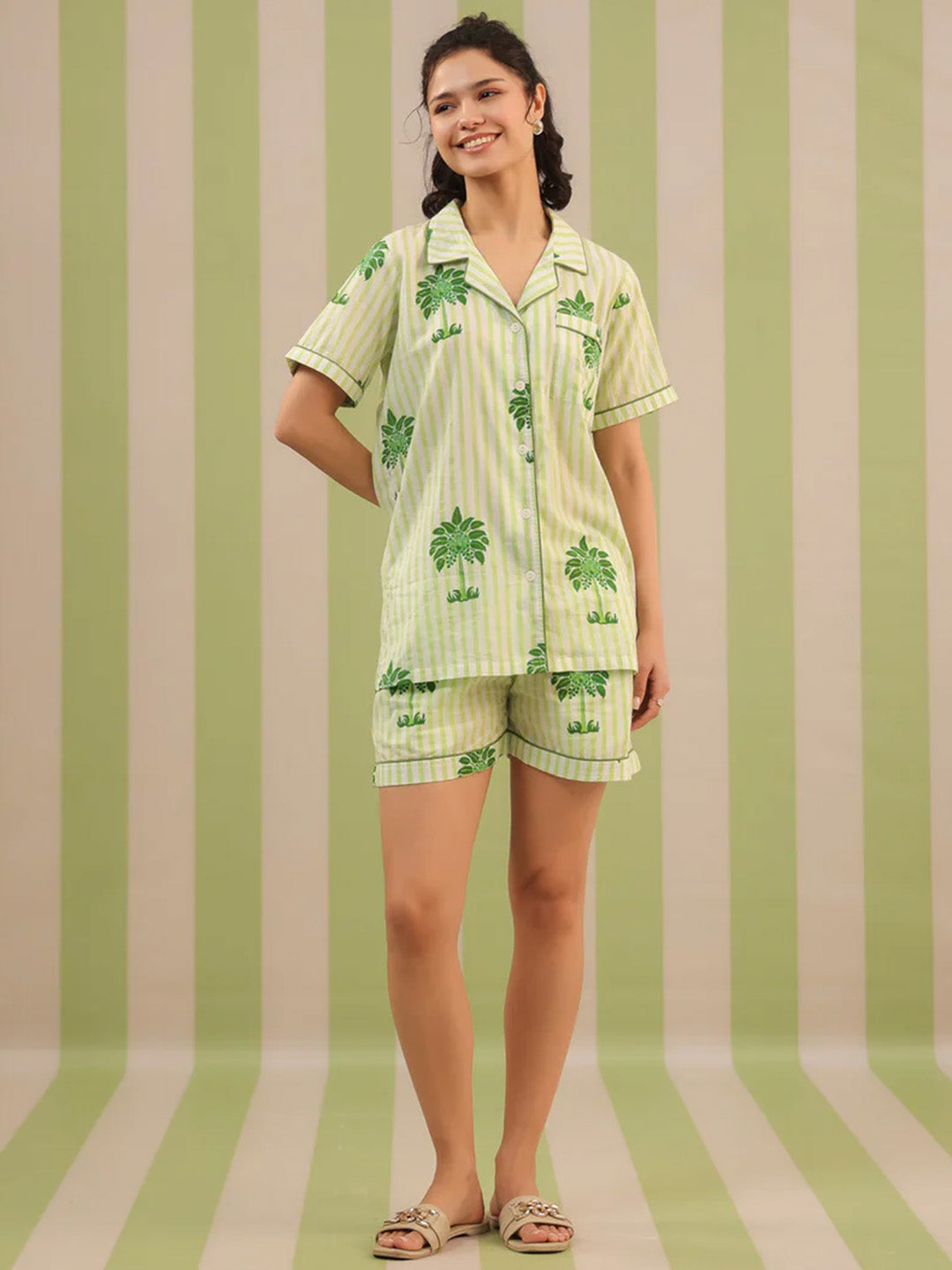 Green Palm Printed Short Lounge Set