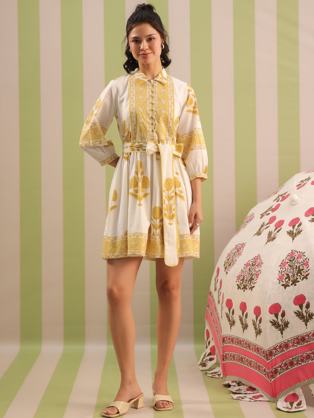 White & Yellow Mughal Motif Tiered Cotton Dress with Lining