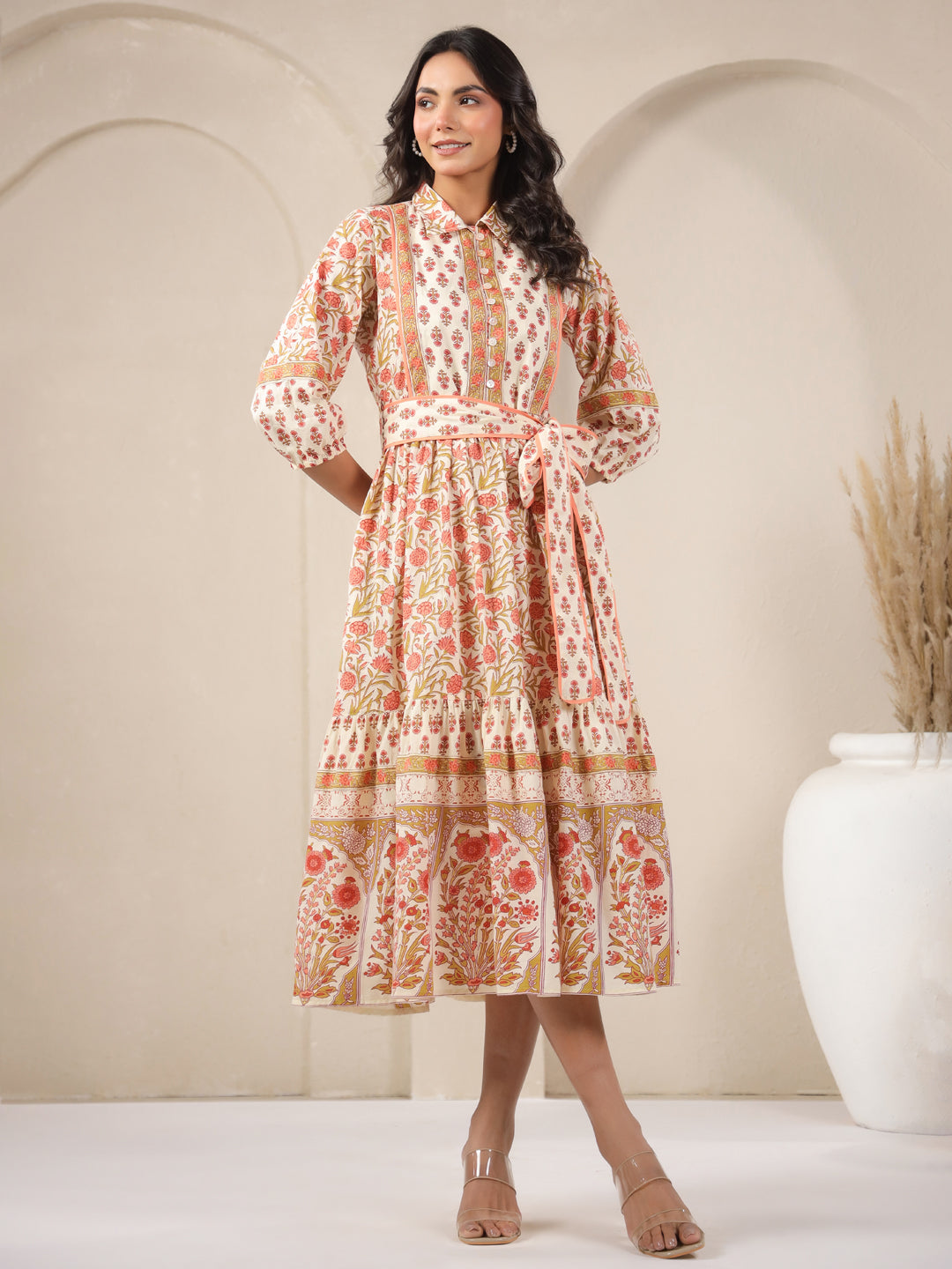 White and Peach Printed Cotton Tier Dress