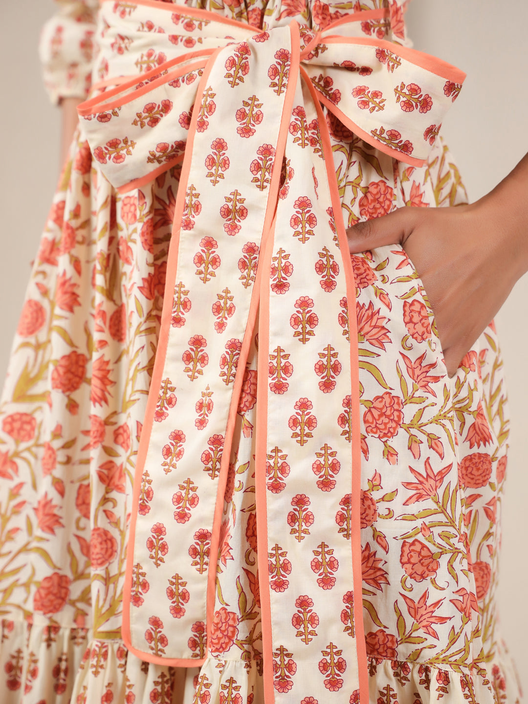 White and Peach Printed Cotton Tier Dress